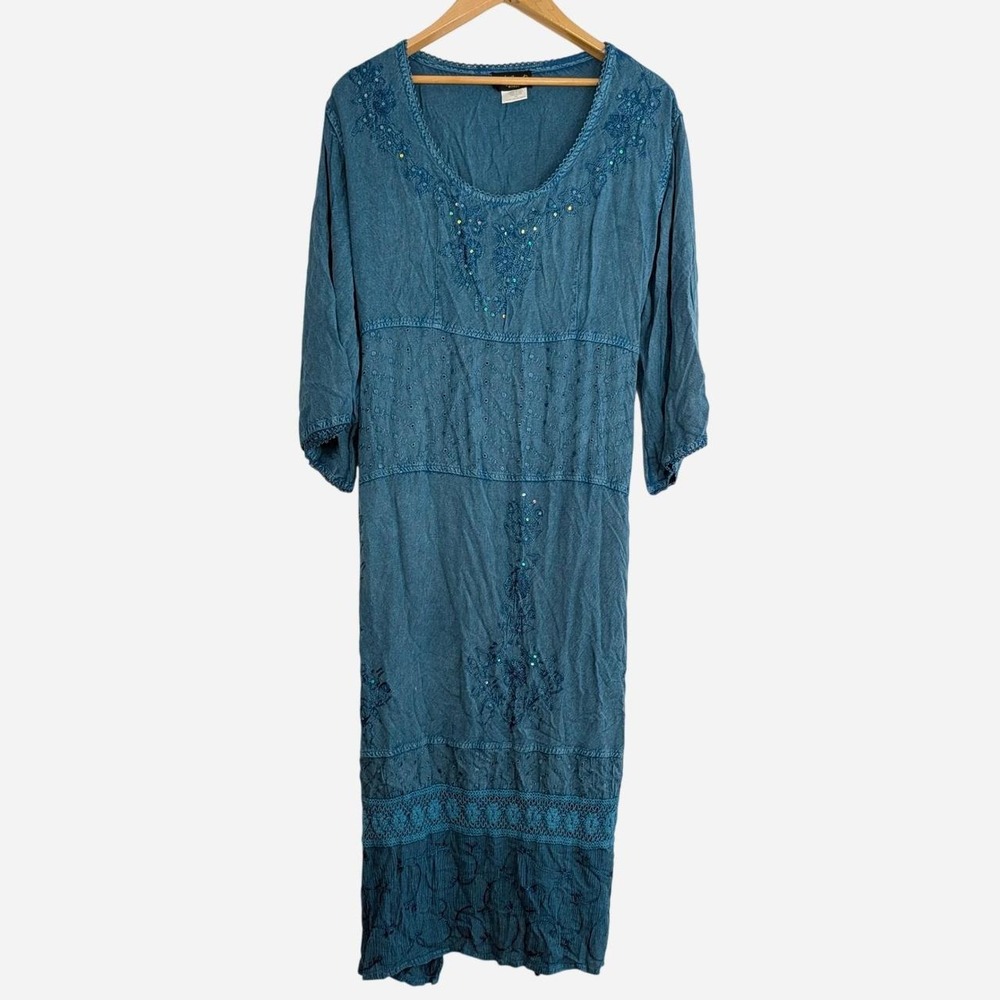 Lola P Teal Blue Embroidered Boho Maxi Dress Size 3X